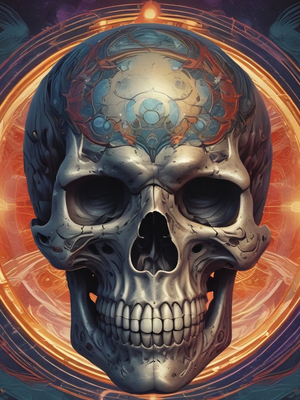 Ornate Skull Art Print in Blue and Orange